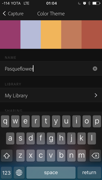 Сохранение цветовой палитры в приложении Adobe Capture CC