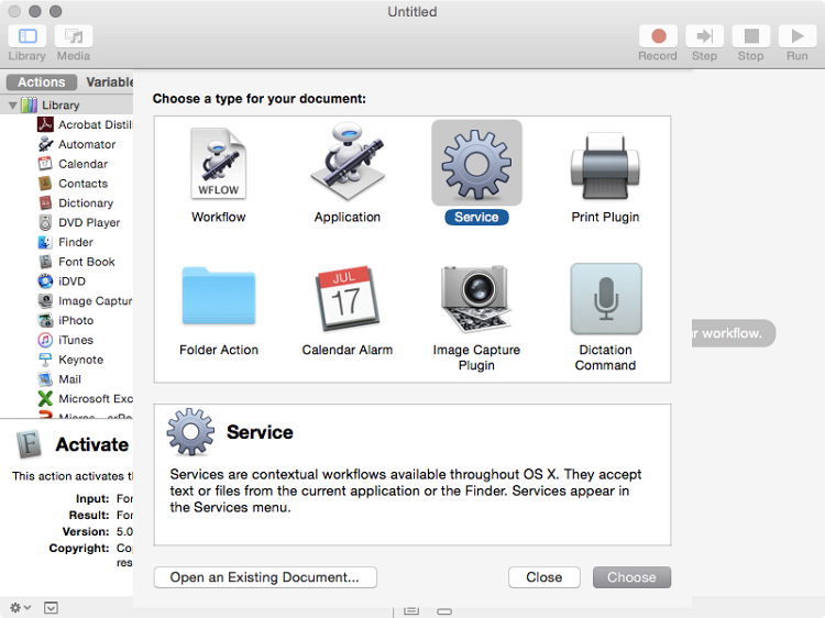 Automator: создание нового скрипта