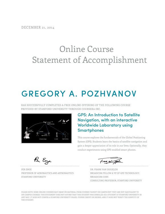 Coursera statement of accomplishment to Gregory A. Pozhvanov