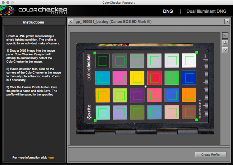 Приложение ColorChecker Passport автоматически распознало мишень в кадре